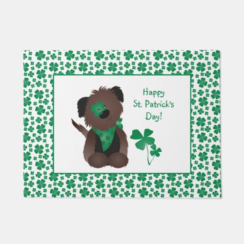 Happy St Patricks Day Dog Four Leaf Clover Green Doormat