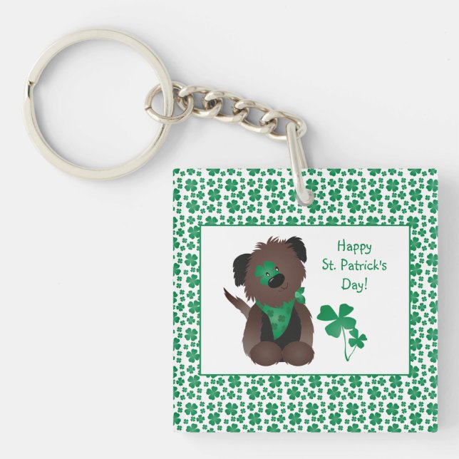 Happy St Patricks Day Dog Four Leaf Clover Green Keychain (Front)