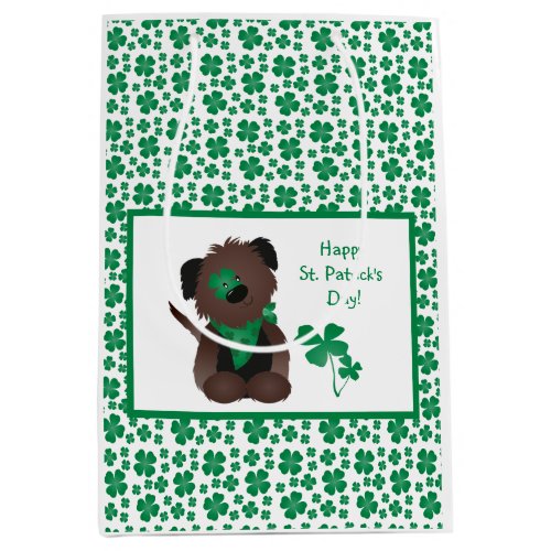 Happy St Patricks Day Dog Four Leaf Clover Green Medium Gift Bag