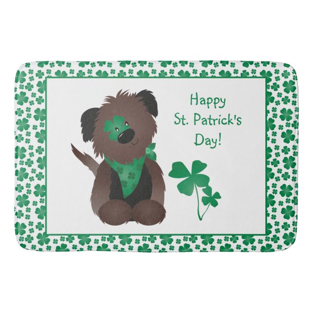 Happy St Patricks Day Dog Four Leaf Clover Green P Bath Mat (Front)
