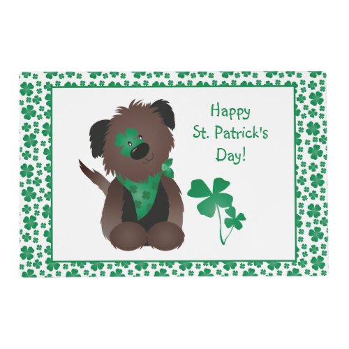 Happy St Patricks Day Dog Four Leaf Clover Green Placemat