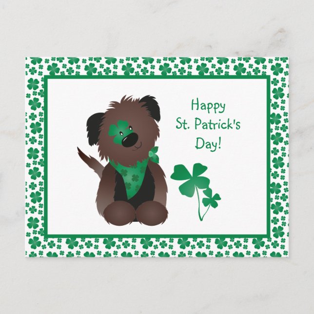 Happy St Patricks Day Dog Four Leaf Clover Green Postcard (Front)