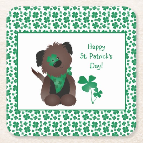 Happy St Patricks Day Dog Four Leaf Clover Green Square Paper Coaster