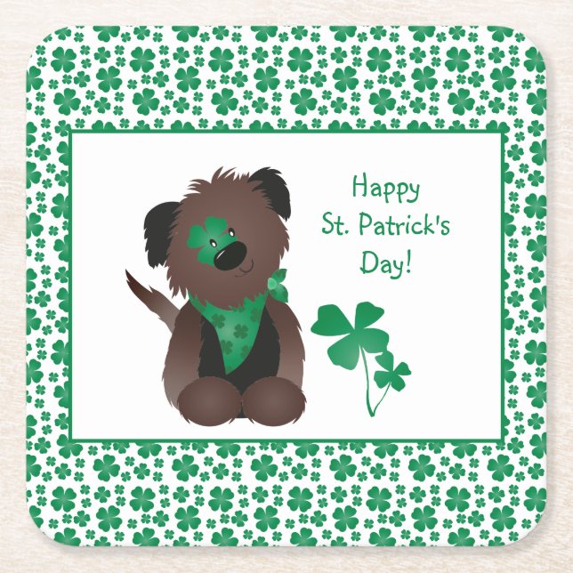 Happy St Patricks Day Dog Four Leaf Clover Green Square Paper Coaster (Front)