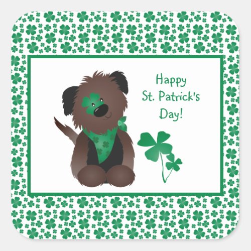 Happy St Patricks Day Dog Four Leaf Clover Green Square Sticker