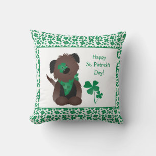 Happy St Patricks Day Dog Four Leaf Clover Green Throw Pillow