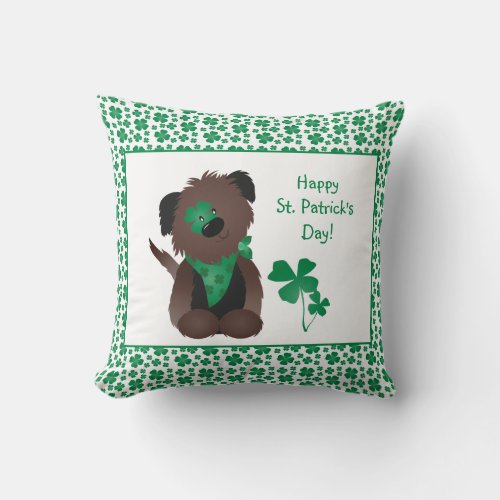 Happy St Patricks Day Dog Four Leaf Clover Green Throw Pillow