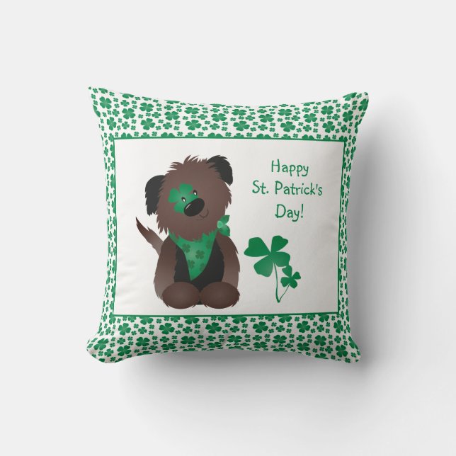 Happy St Patricks Day Dog Four Leaf Clover Green Throw Pillow (Front)