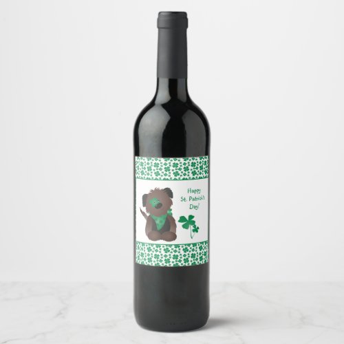 Happy St Patricks Day Dog Four Leaf Clover Green Wine Label