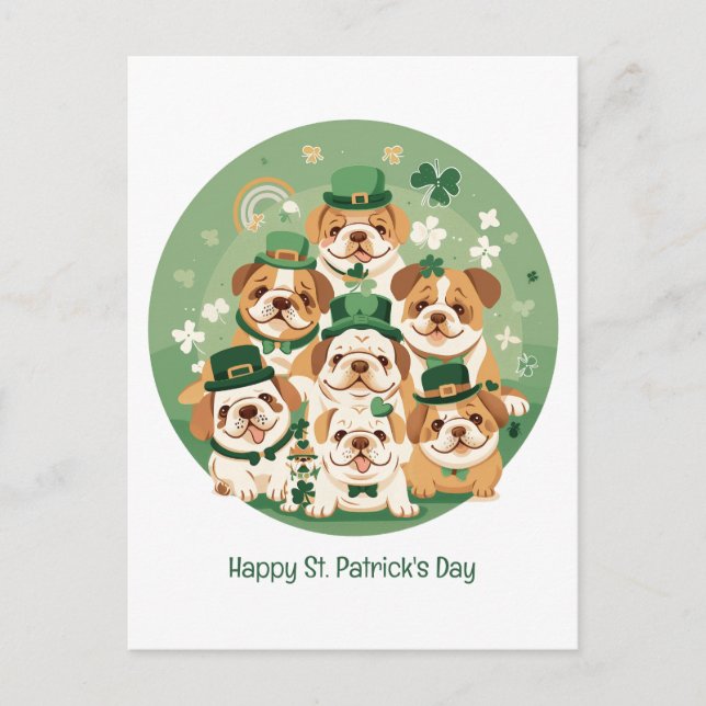Happy St. Patrick's Day English Bulldogs Holiday Postcard (Front)