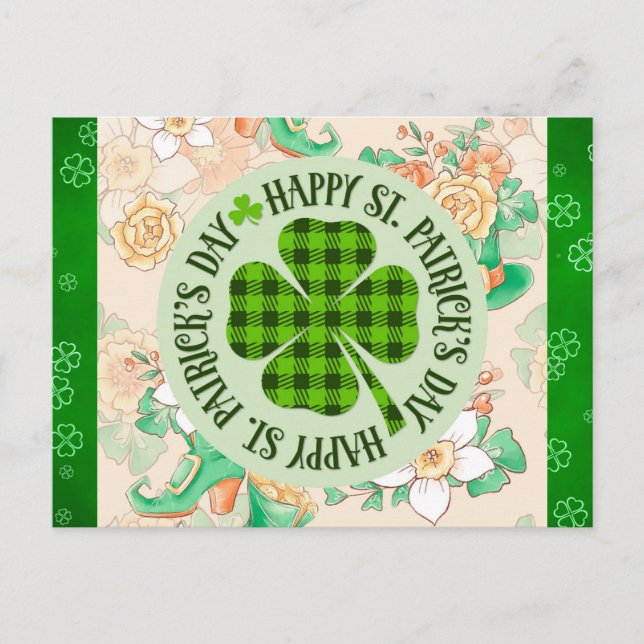 Happy St Patricks Day Floral Green Shamrock Postcard (Front)