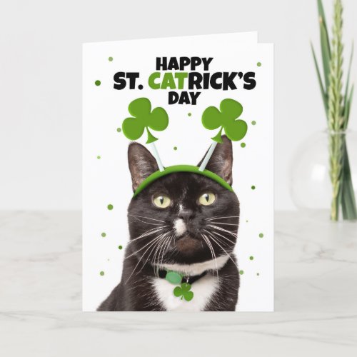 Happy St Patricks Day For Anyone Cat in Headband Holiday Card