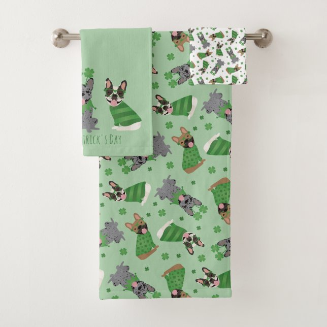 Happy St Patricks Day French Bulldogs Bath Towel Set (Insitu)