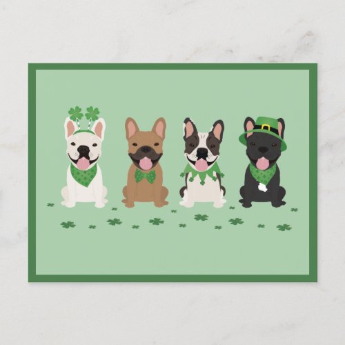 Happy St Patricks Day French Bulldogs Clover Holiday Postcard