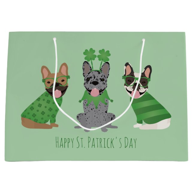 Happy St Patricks Day French Bulldogs Large Gift Bag (Front)