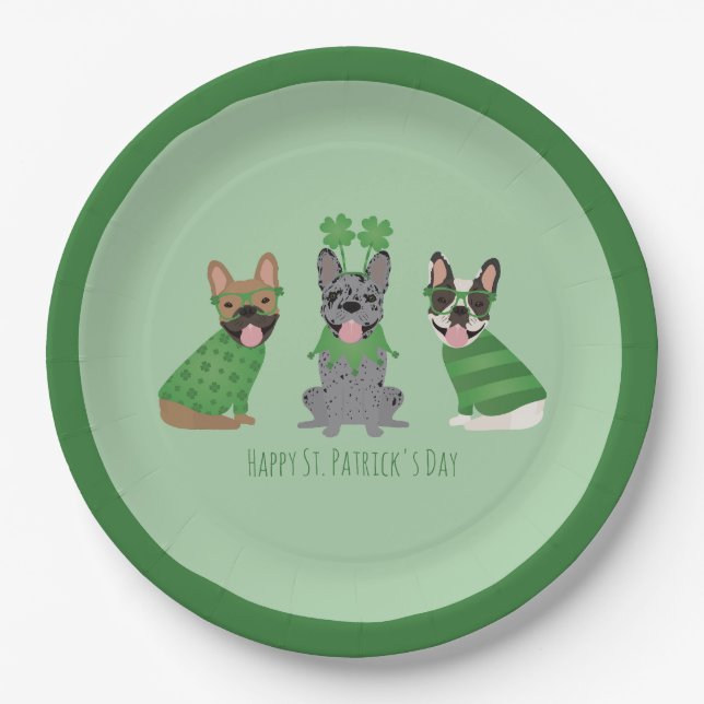 Happy St Patricks Day French Bulldogs Paper Plates (Front)