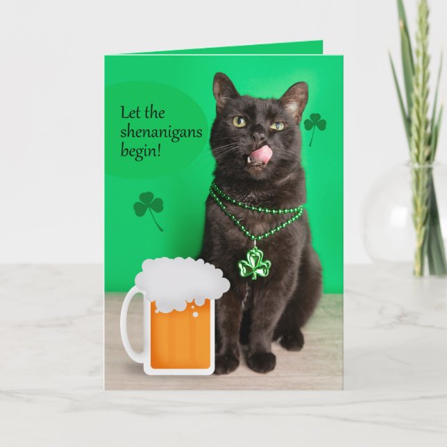Happy St Patricks Day Funny Cat With Beer Holiday Card (Front)