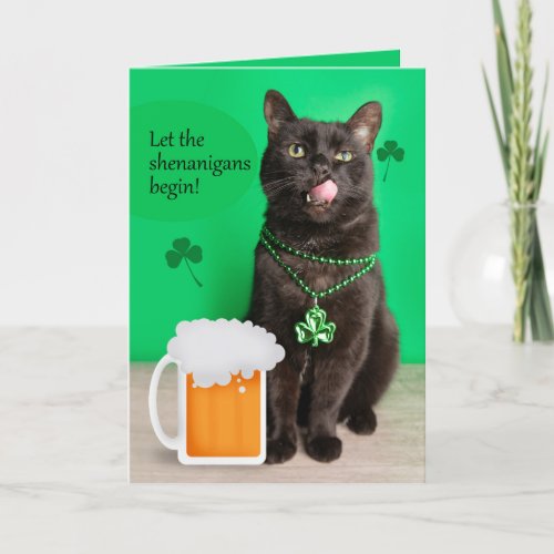 Happy St Patricks Day Funny Cat With Beer Holiday Card