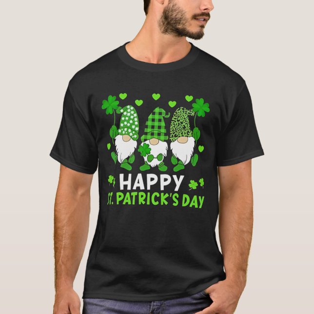 Happy St Patricks Day Funny Gnomes Shamrock Leopar T-Shirt (Front)