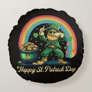 Happy St Patricks Day Funny Leprechaun Round Pillow