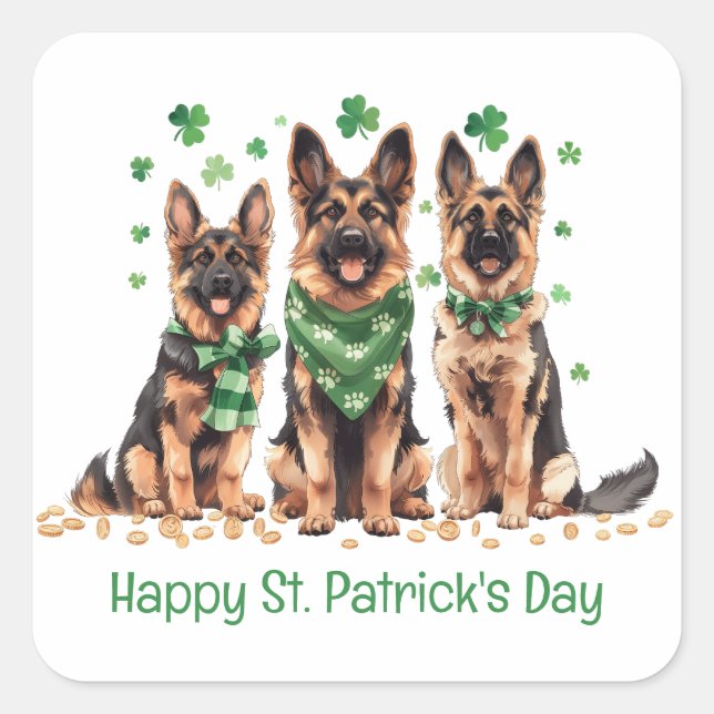 Happy St. Patrick's Day German Shepherd Dogs Square Sticker (Front)