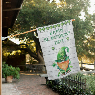 Happy St Patricks Day Gnome and 4 Leaf Clovers House Flag