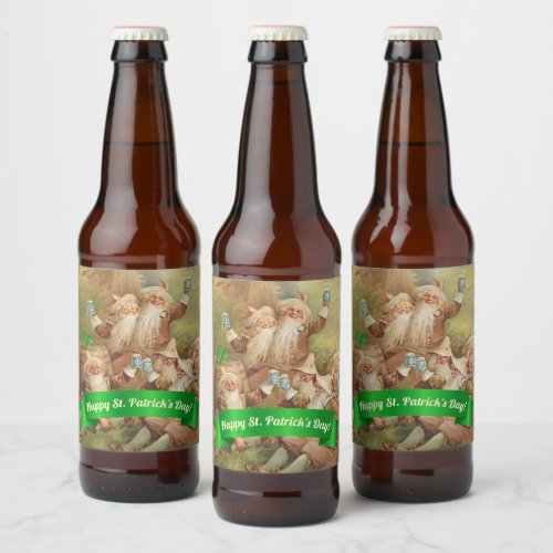 Happy St Patricks Day Gnomes Lucky Green Clover Beer Bottle Label