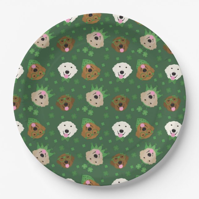 Happy St Patricks Day Golden Retriever Dogs Paper Plates (Front)