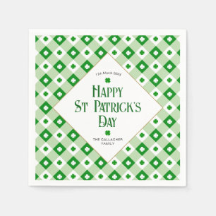 Happy St Patrick's Day Green Clover Plaid Name Napkins