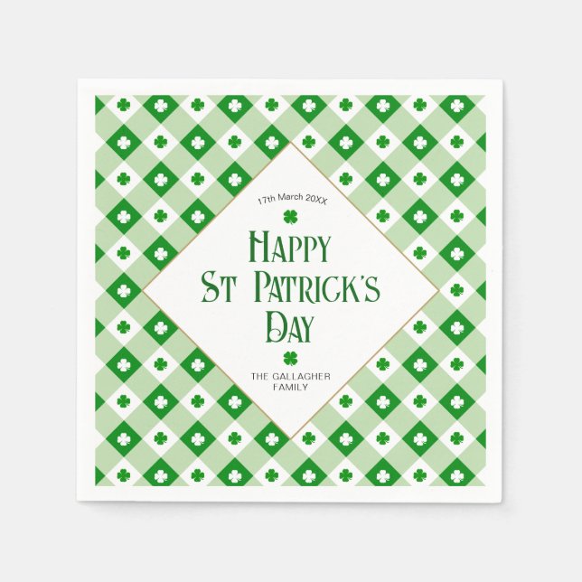 Happy St Patrick's Day Green Clover Plaid Name Napkins (Front)