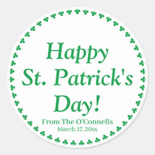 Happy St. Patrick's Day green clovers custom text Classic Round Sticker