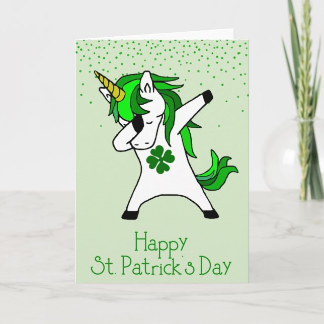 Happy St. Patrick's Day Green Dabbing Unicorn Card (Front)