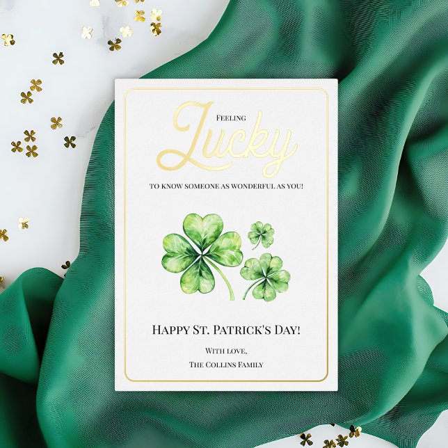 Happy St Patricks Day Green Four Leaf Clover Luck Foil Holiday Card (Foiled Green Four Leaf Clover Happy St Patricks Day Lucky Holiday Card)
