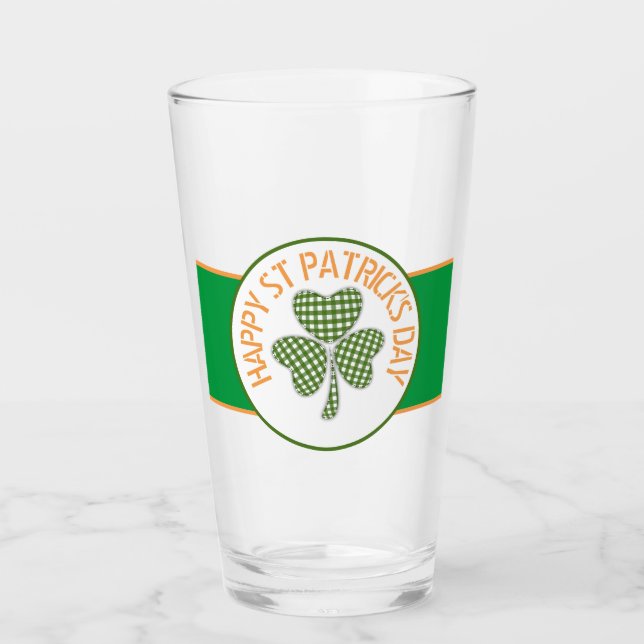 Happy St Patrick's Day Green Gingham Shamrock Glass (Front)