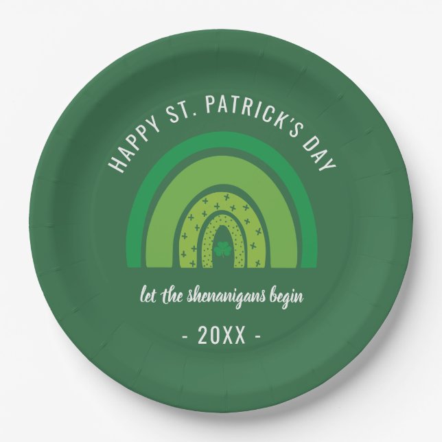 Happy St Patricks Day Green Rainbow Irish Shamrock Paper Plates (Front)