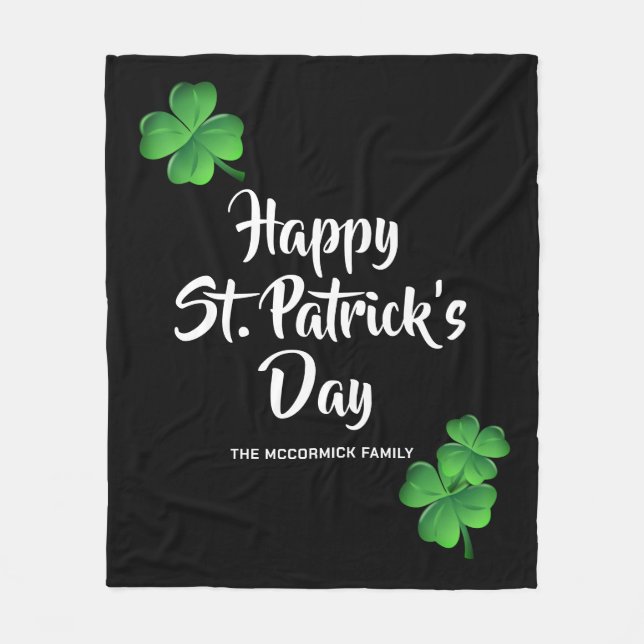Happy St Patricks Day Green Shamrock Personalized Fleece Blanket (Front)