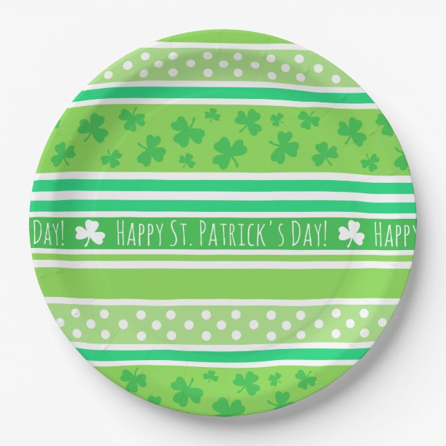 Happy St. Patrick's Day Green Stripes Paper Plates (Front)