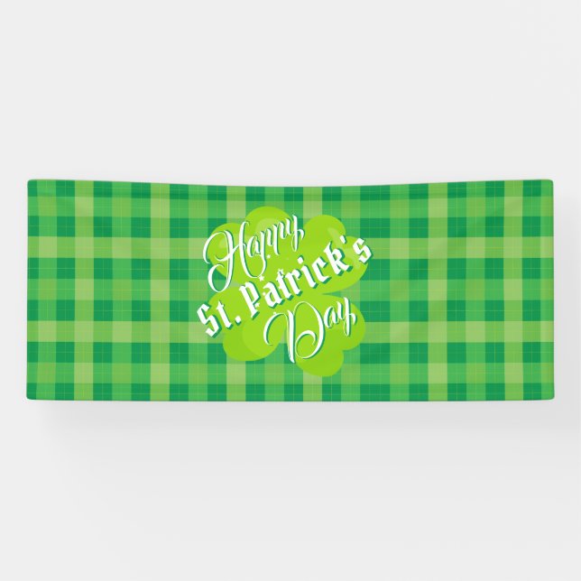 Happy St. Patrick's Day Green Tartan Lucky Clover Banner (Horizontal)