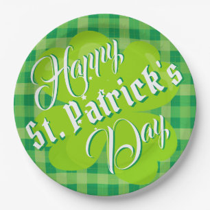 Happy St. Patrick's Day Green Tartan Lucky Clover Paper Plates
