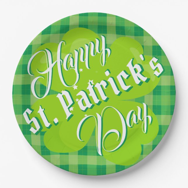 Happy St. Patrick's Day Green Tartan Lucky Clover Paper Plates (Front)