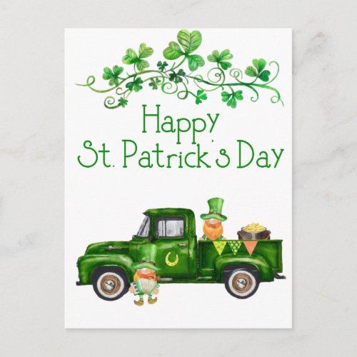Happy St Patricks Day Green Truck Gnomes  Postcard