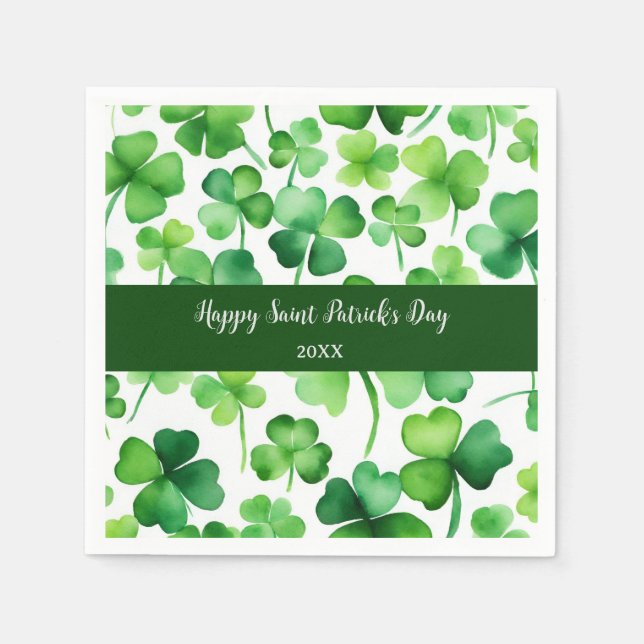 Happy St Patricks Day Green Watercolor Shamrock Napkins (Front)