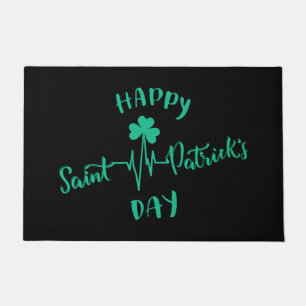 Happy St Patricks Day Heartbeat pulse Shamrock Doormat