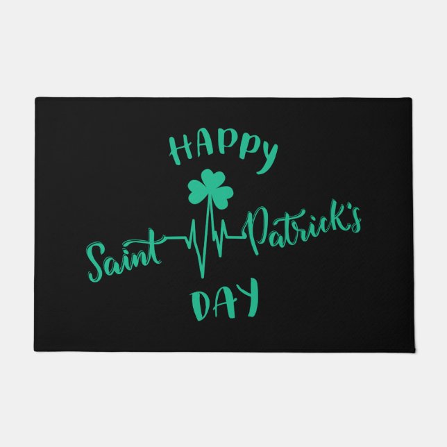 Happy St Patricks Day Heartbeat pulse Shamrock Doormat (Front)