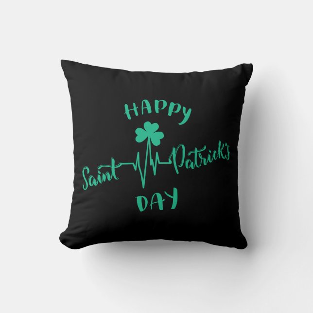 Happy St Patricks Day Heartbeat pulse Shamrock Throw Pillow (Front)