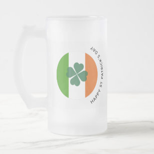 Happy St Patricks Day Irish Flag Clover Frosted Glass Beer Mug
