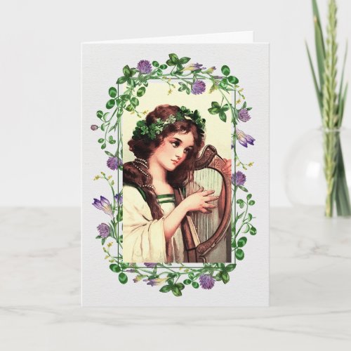 Happy St Patricks Day Irish Girl with Harp Card