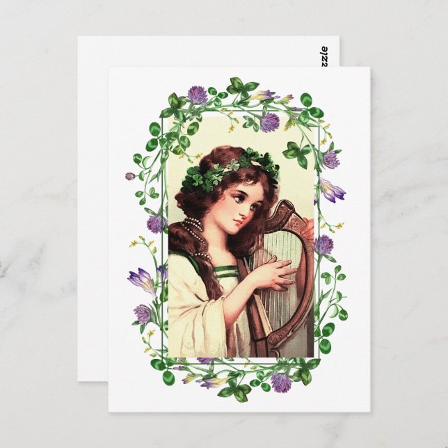 Happy St. Patrick's Day. Irish Girl with Harp Postcard (Front/Back)