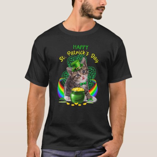 Happy St Patricks Day Kitten Leprechaun Hat Shamro T_Shirt