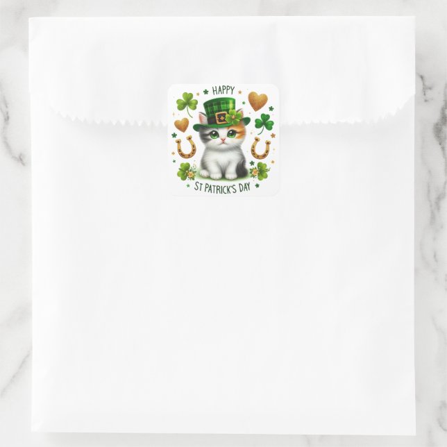 Happy St. Patrick's Day Kitten Square Sticker (Bag)